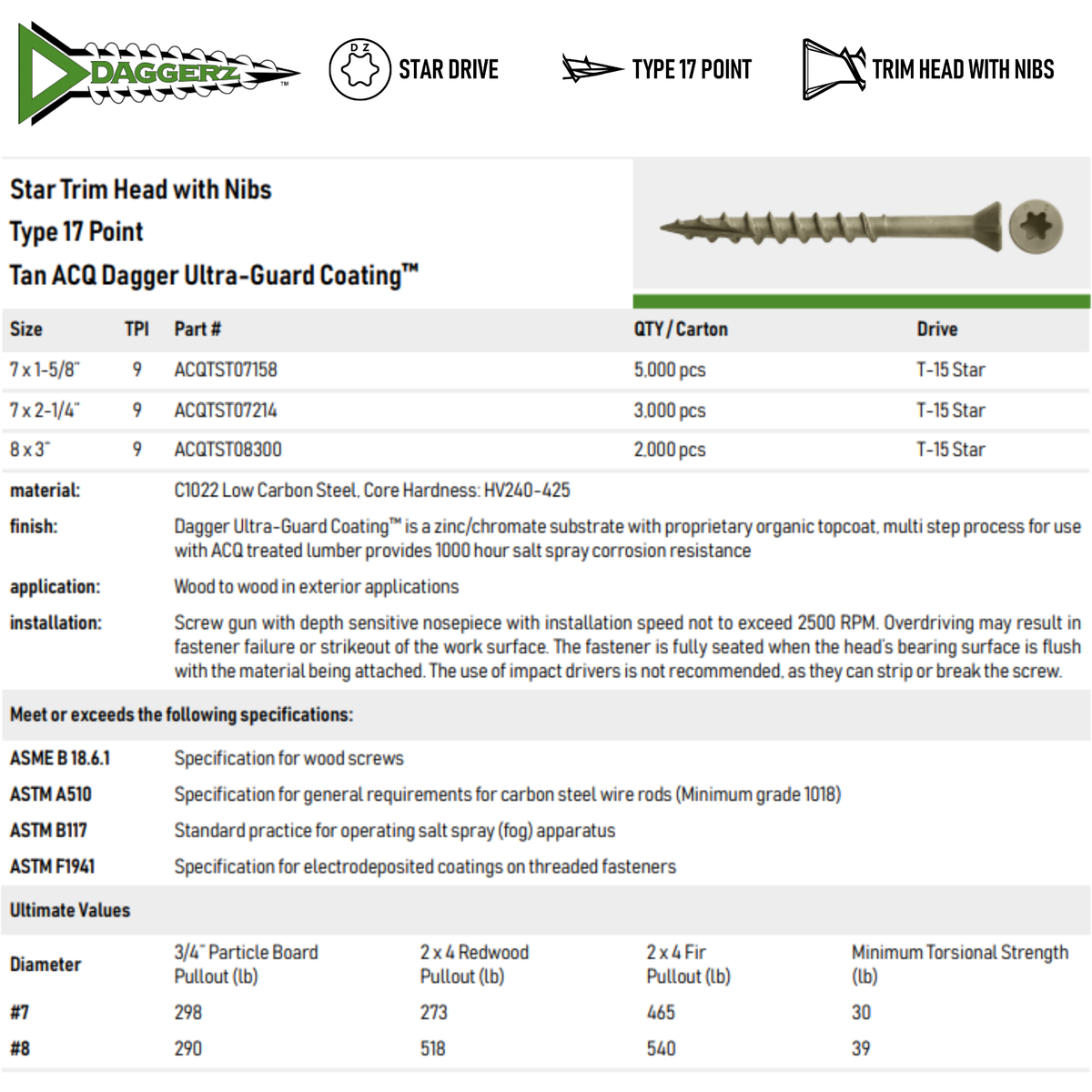 Daggerz ACQ Dagger #8 x 3" Exterior Wood Screw - Star Trim Head, Tan Ultra-Guard™ (2,000 Pack)