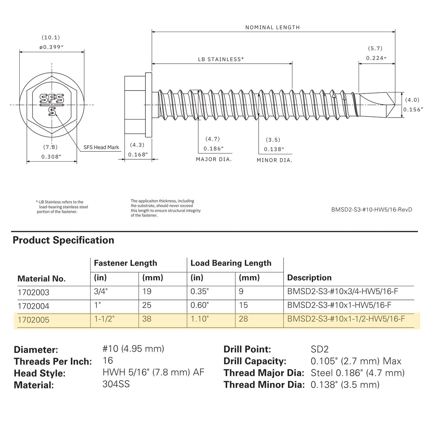 SFS BMSD2-S3 Bi-Metal Self-Drilling Screw - #10 x 1-1/2" Hex Washer Head (250 Pack)