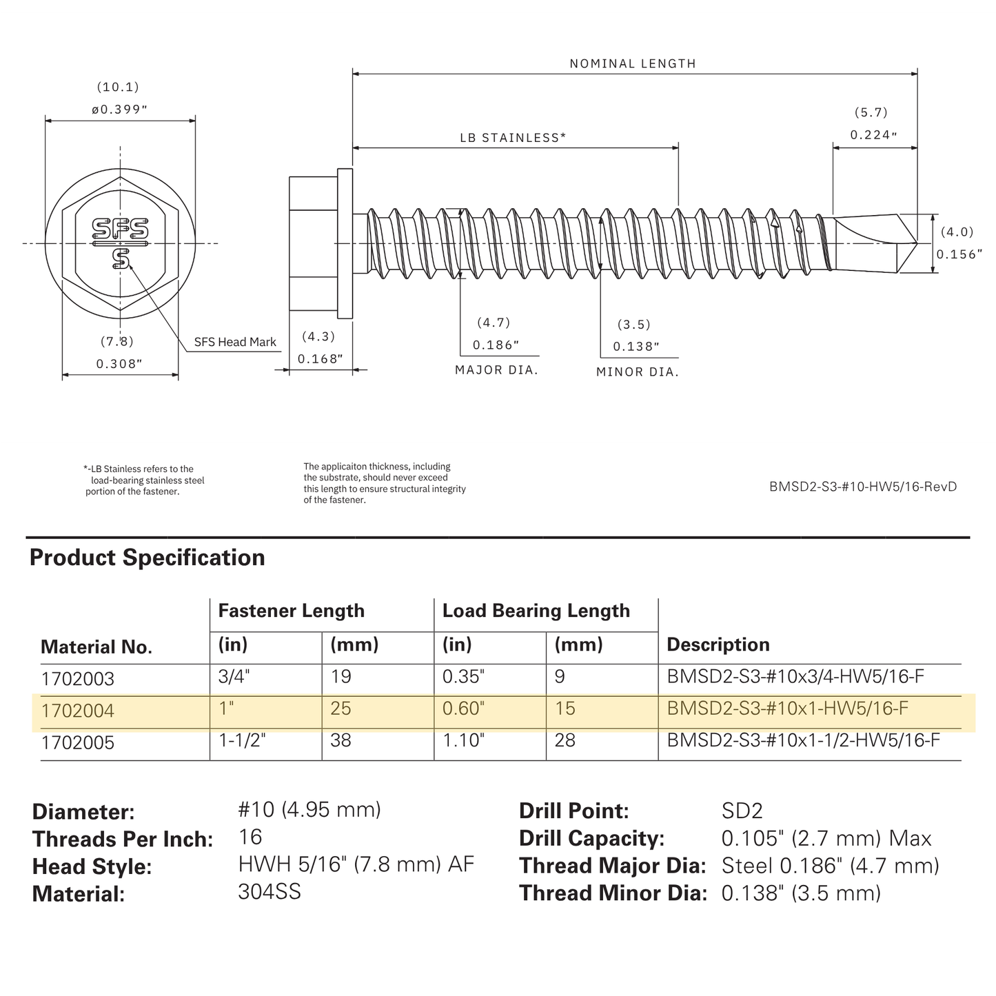 SFS BMSD2-S3 Bi-Metal Self-Drilling Screw - #10 x 1" Hex Washer Head (250 Pack)