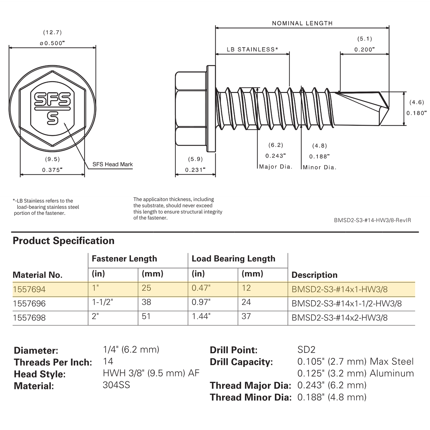 SFS BMSD2-S3-14 Bi-Metal Self-Drilling Screw - 1/4" x 1" Hex Washer Head (250 Pack)