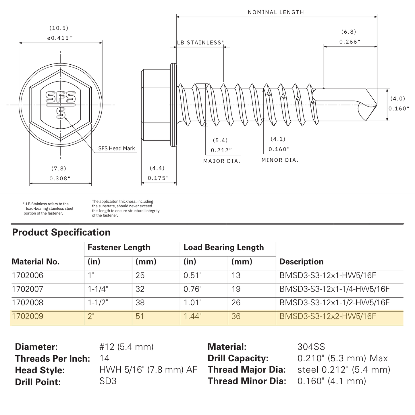 SFS BMSD3-S3-12 Bi-Metal Self-Drilling Screw - #12 x 2" Hex Washer Head (250 Pack)