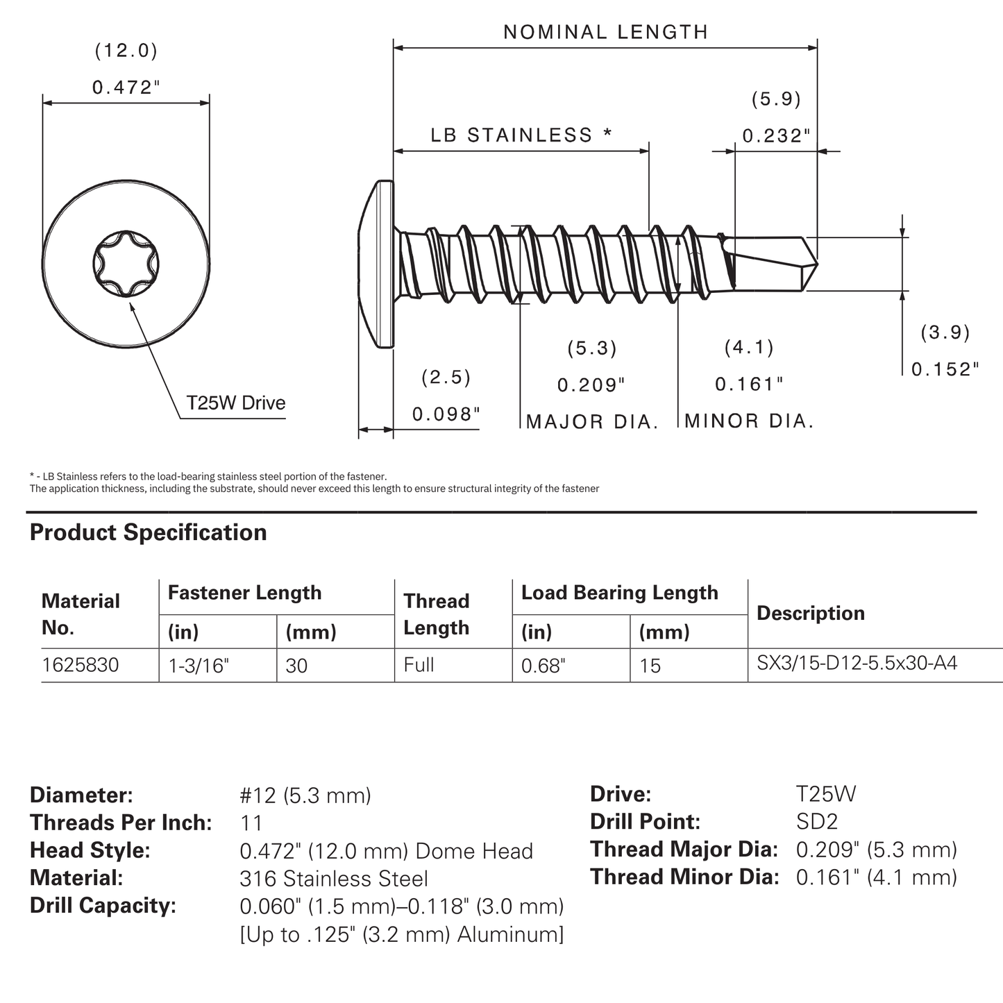 SFS SX3-D12-A4 Bi-Metal Self-Drilling Screw, Dome Head, 316 Stainless - #12 x 1-3/16" (250 Pack)