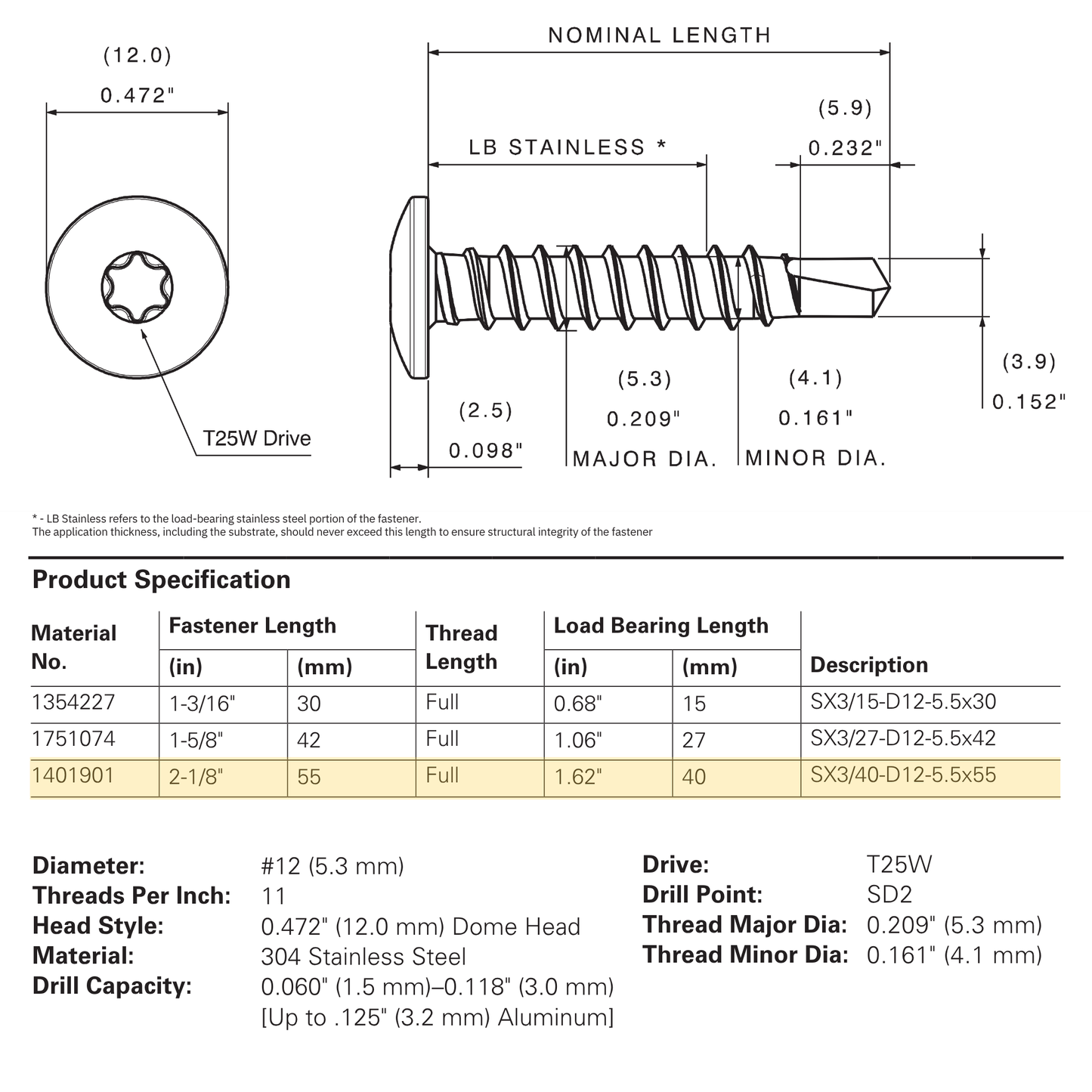 SFS SX3-D12 Bi-Metal Self-Drilling Screw, Dome Head, 304 Stainless - #12 x 2-1/8" (250 Pack)