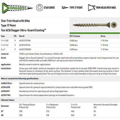 Daggerz ACQ Dagger #8 x 3" Exterior Wood Screw - Star Trim Head, Tan Ultra-Guard™ (2,000 Pack)
