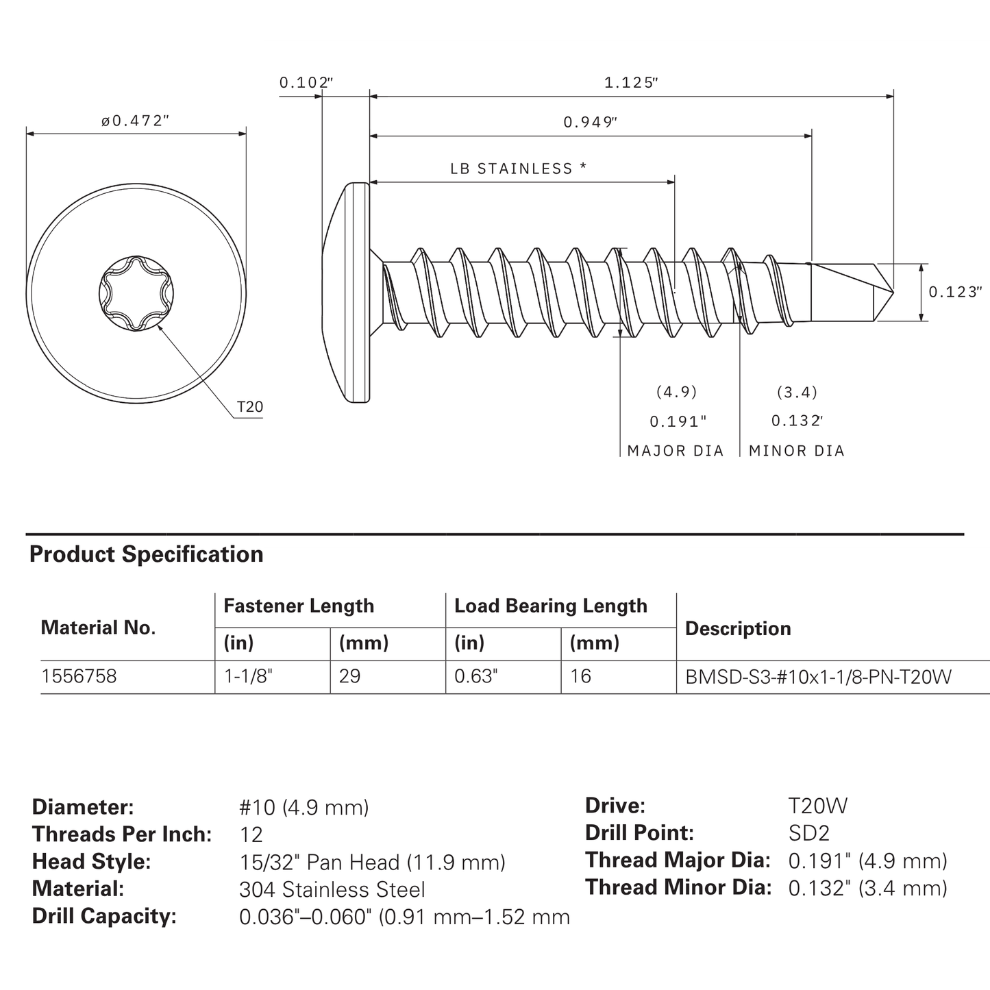 SFS BMSD-S3 Bi-Metal Self-Drilling Facade Screw - #10 x 1" Pan Head (250 Pack)