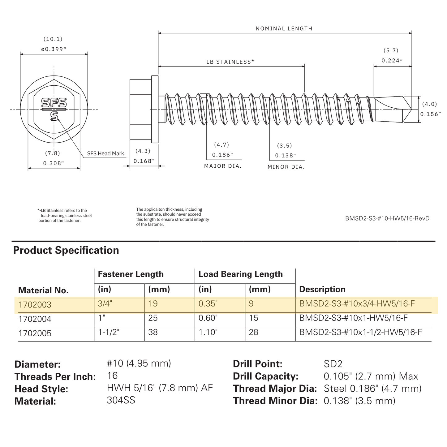 SFS BMSD2-S3 Bi-Metal Self-Drilling Screw - #10 x 3/4" Hex Washer Head (250 Pack)