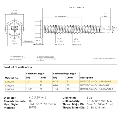 SFS BMSD2-S3 Bi-Metal Self-Drilling Screw - #10 x 3/4" Hex Washer Head (250 Pack)