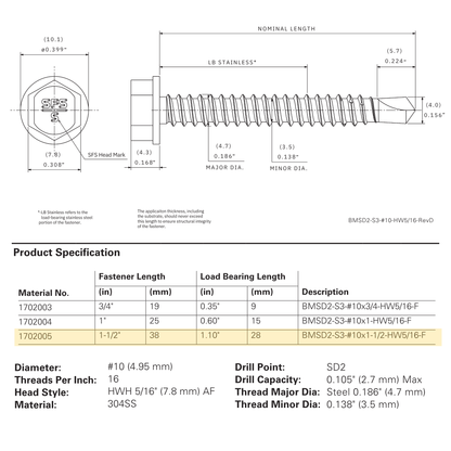 SFS BMSD2-S3 Bi-Metal Self-Drilling Screw - #10 x 1-1/2" Hex Washer Head (250 Pack)