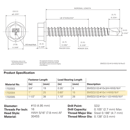 SFS BMSD2-S3 Bi-Metal Self-Drilling Screw - #10 x 1" Hex Washer Head (250 Pack)