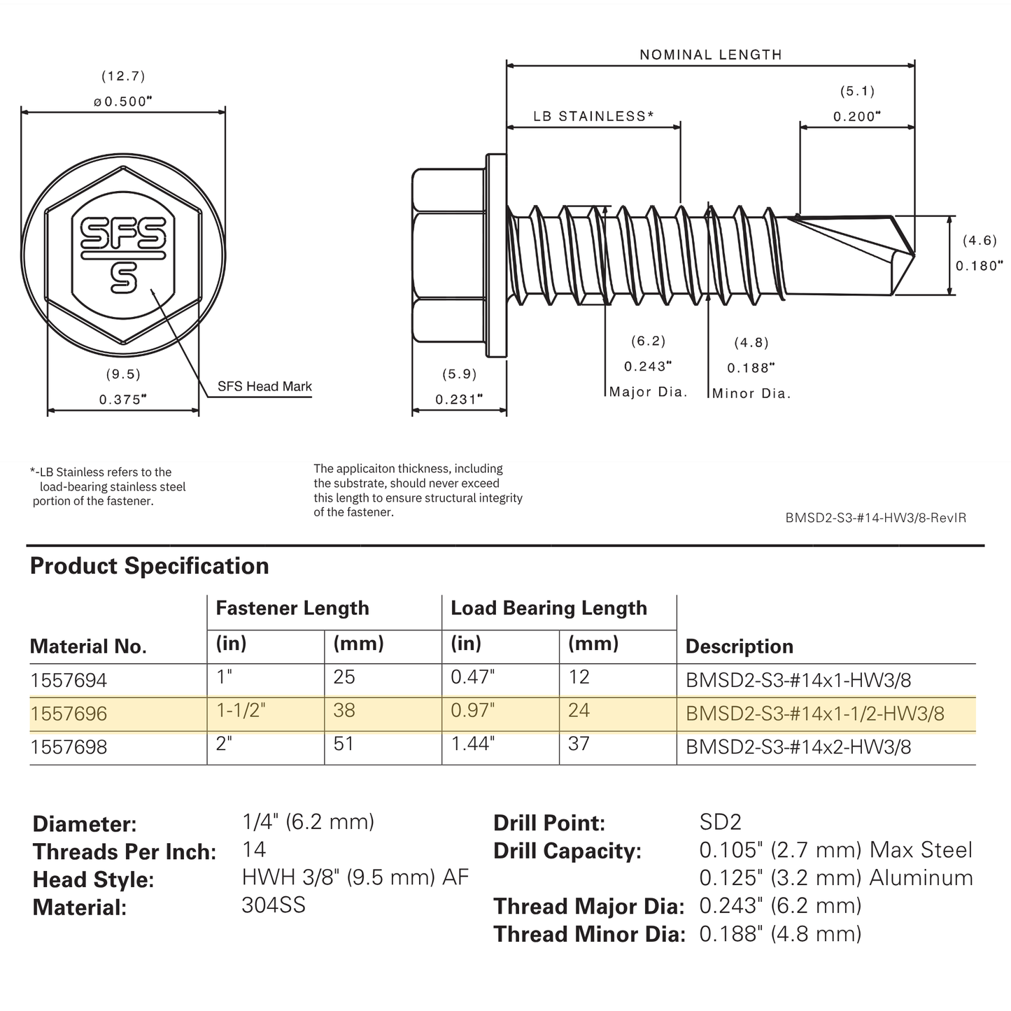 SFS BMSD2-S3-14 Bi-Metal Self-Drilling Screw - 1/4" x 1-1/2" Hex Washer Head (250 Pack)