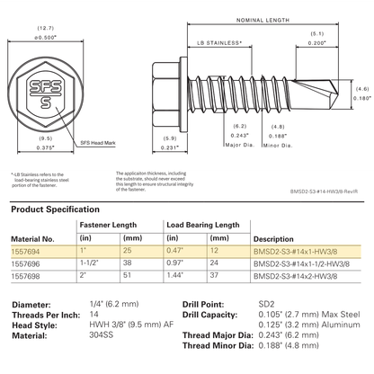 SFS BMSD2-S3-14 Bi-Metal Self-Drilling Screw - 1/4" x 1" Hex Washer Head (250 Pack)