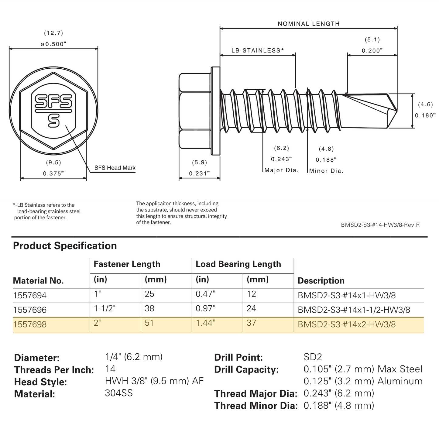SFS BMSD2-S3-14 Bi-Metal Self-Drilling Screw - 1/4" x 2" Hex Washer Head (250 Pack)