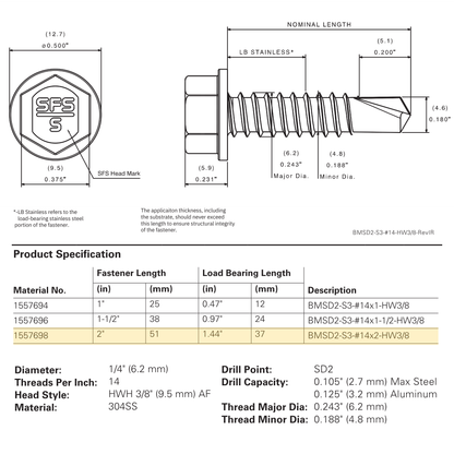 SFS BMSD2-S3-14 Bi-Metal Self-Drilling Screw - 1/4" x 2" Hex Washer Head (250 Pack)