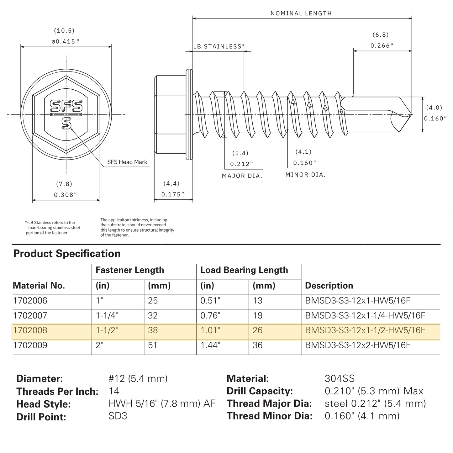 SFS BMSD3-S3-12 Bi-Metal Self-Drilling Screw - #12 x 1-1/2" Hex Washer Head (250 Pack)