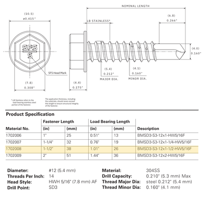 SFS BMSD3-S3-12 Bi-Metal Self-Drilling Screw - #12 x 1-1/2" Hex Washer Head (250 Pack)