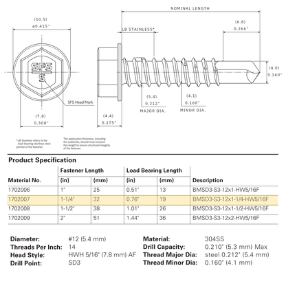 SFS BMSD3-S3-12 Bi-Metal Self-Drilling Screw - #12 x 1-1/4" Hex Washer Head (250 Pack)