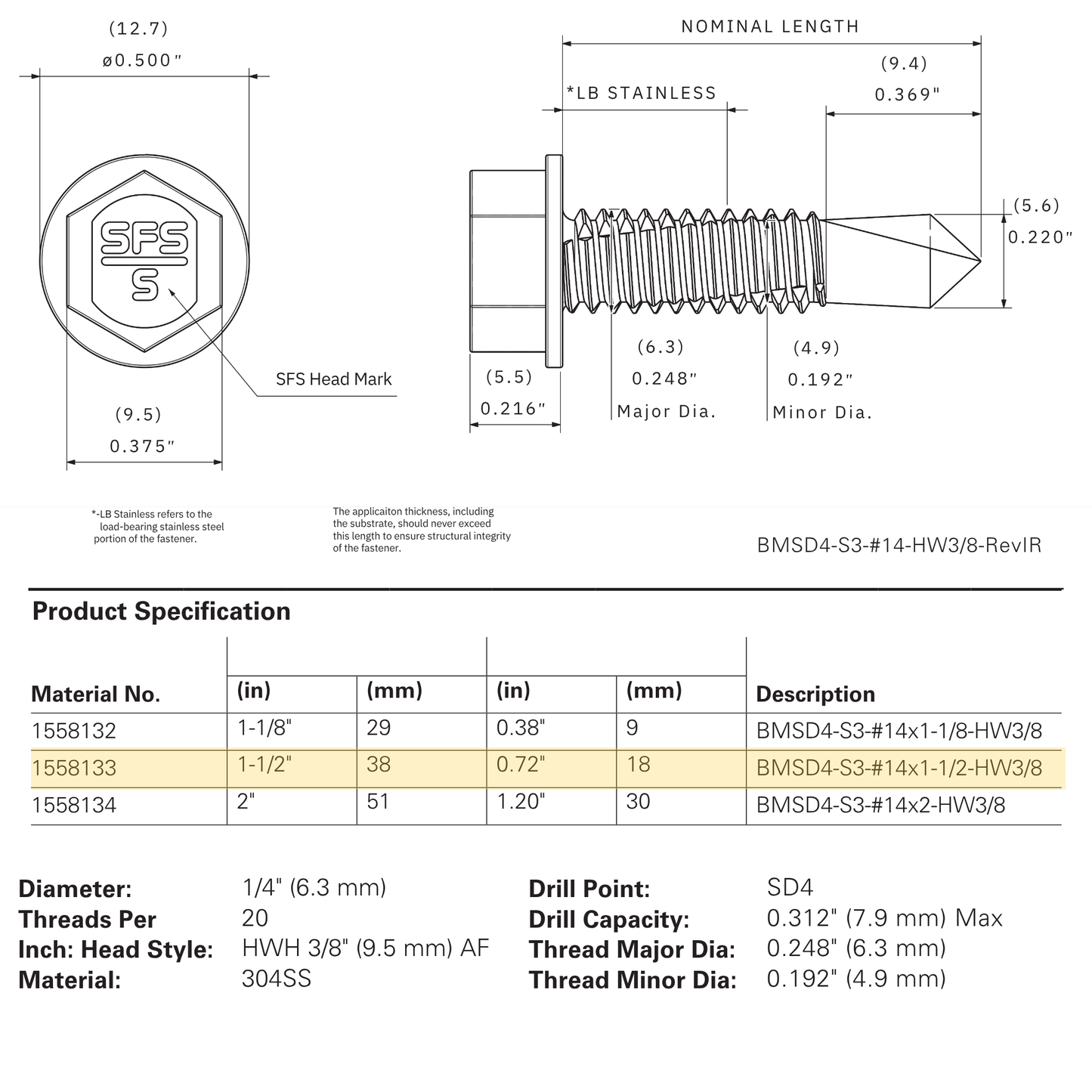 SFS BMSD4-S3-14 Bi-Metal Self-Drilling Screw - 1/4" x 1-1/2" Hex Washer Head (250 Pack)