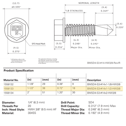 SFS BMSD4-S3-14 Bi-Metal Self-Drilling Screw - 1/4" x 1-1/2" Hex Washer Head (250 Pack)