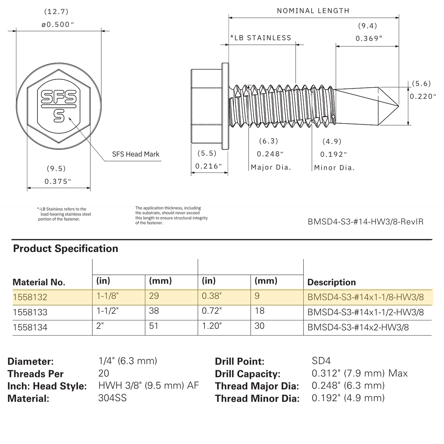 SFS BMSD4-S3-14 Bi-Metal Self-Drilling Screw - 1/4" x 1-1/8" Hex Washer Head (250 Pack)