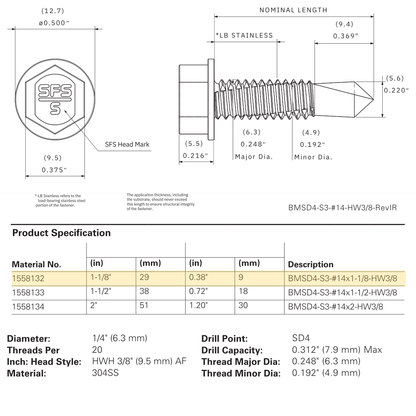 SFS BMSD4-S3-14 Bi-Metal Self-Drilling Screw - 1/4" x 1-1/8" Hex Washer Head (250 Pack)