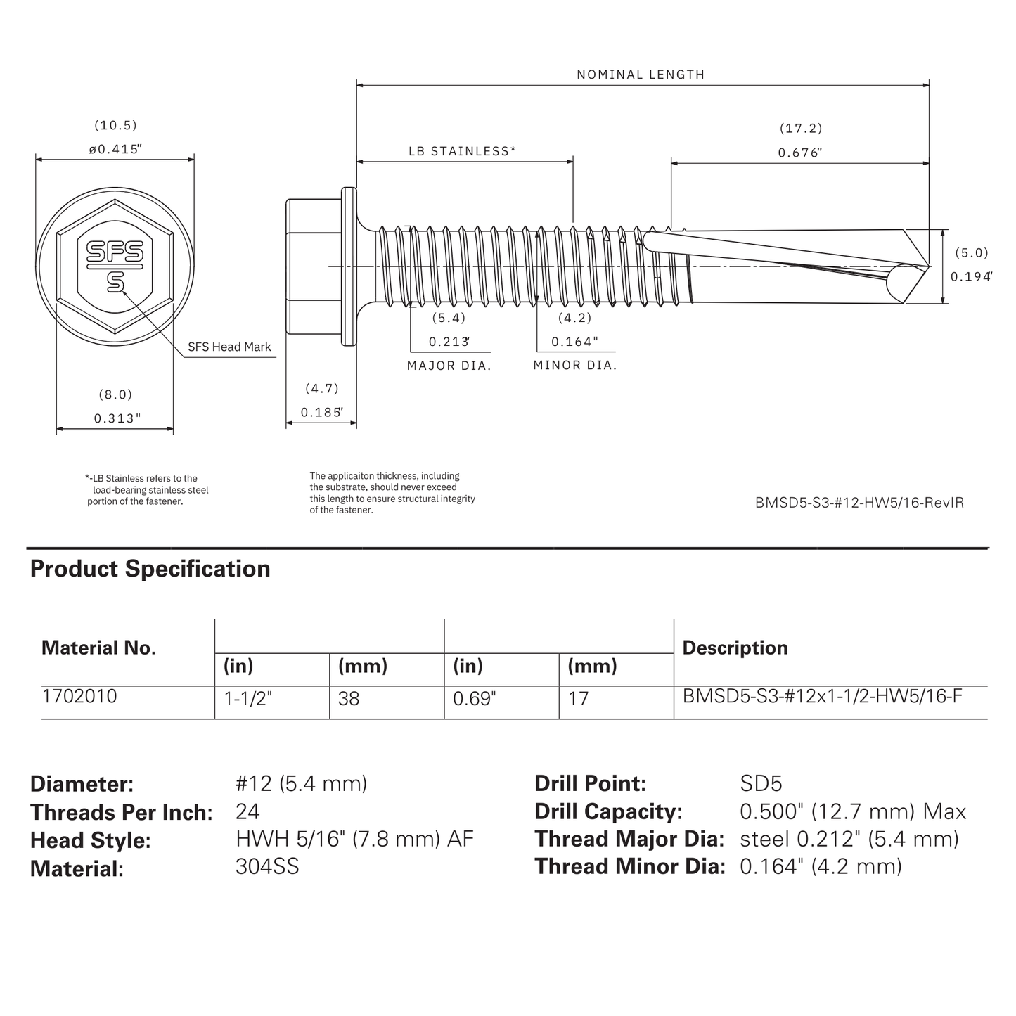 SFS BMSD5-S3-12 Bi-Metal Self-Drilling Screw - #12 x 1-1/2" Hex Washer Head (250 Pack)