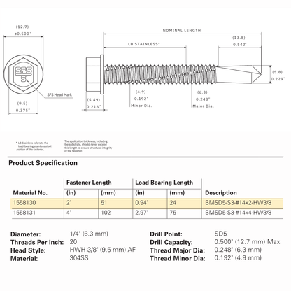 SFS BMSD5-S3-14 Bi-Metal Self-Drilling Screw - 1/4" x 2" Hex Washer Head (250 Pack)