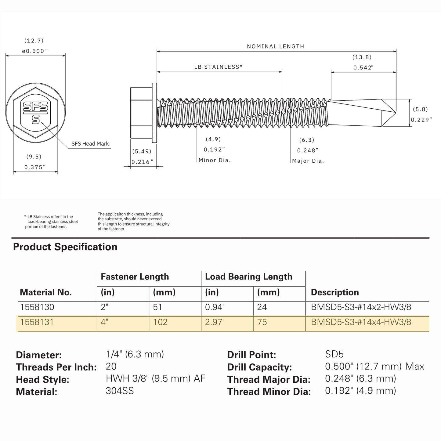 SFS BMSD5-S3-14 Bi-Metal Self-Drilling Screw - 1/4" x 4" Hex Washer Head (250 Pack)