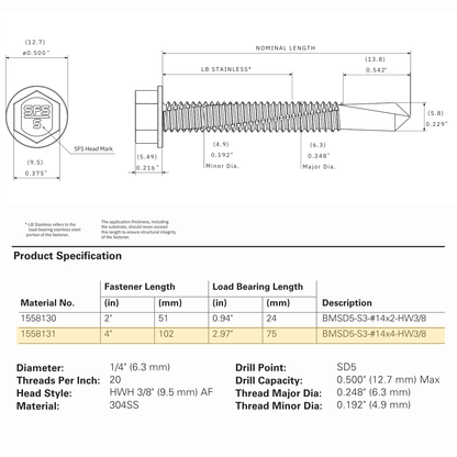 SFS BMSD5-S3-14 Bi-Metal Self-Drilling Screw - 1/4" x 4" Hex Washer Head (250 Pack)