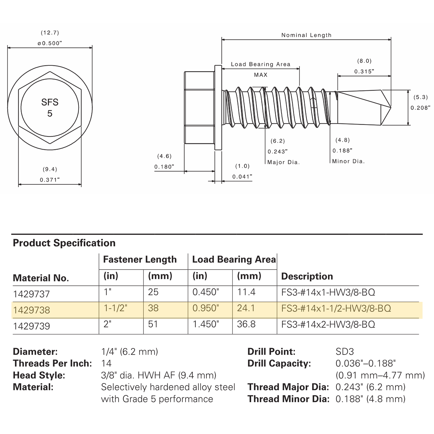 SFS FS3-14 Flex5® Self-Drilling Screw - 1/4" x 1-1/2" Hex Washer Head, Grade 5 Carbon (1,000 Pack)