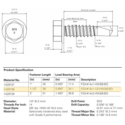 SFS FS3-14 Flex5® Self-Drilling Screw - 1/4" x 1-1/2" Hex Washer Head, Grade 5 Carbon (1,000 Pack)
