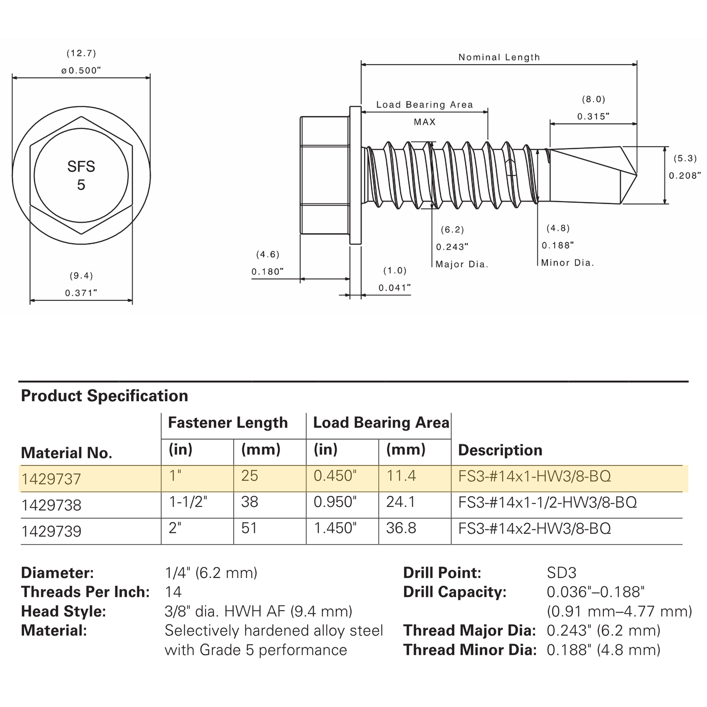 SFS FS3-14 Flex5® Self-Drilling Screw - 1/4" x 1" Hex Washer Head, Grade 5 Carbon (1,000 Pack)