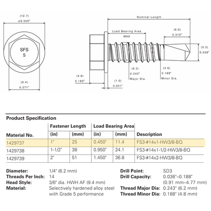 SFS FS3-14 Flex5® Self-Drilling Screw - 1/4" x 1" Hex Washer Head, Grade 5 Carbon (1,000 Pack)
