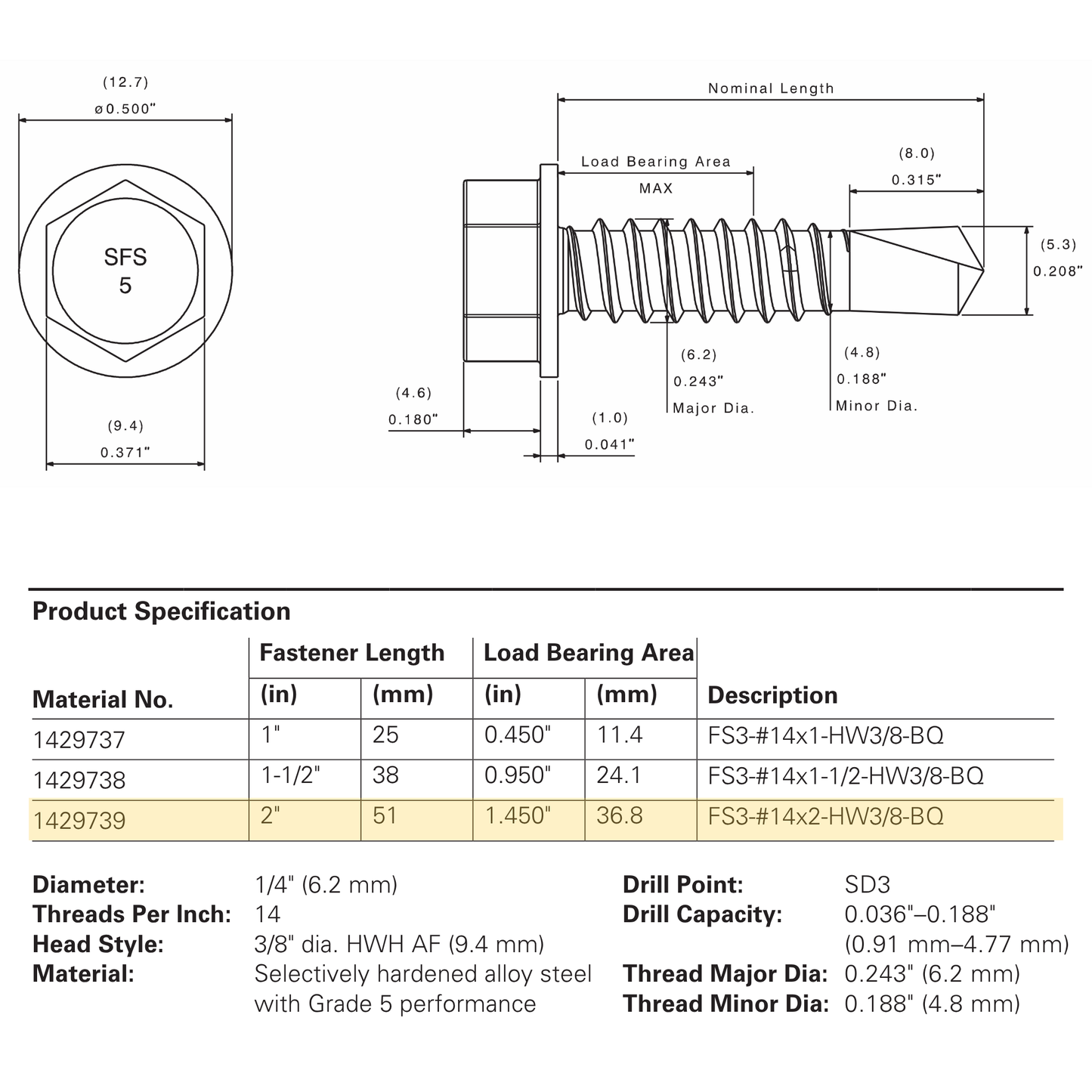 SFS FS3-14 Flex5® Self-Drilling Screw - 1/4" x 2" Hex Washer Head, Grade 5 Carbon (1,000 Pack)