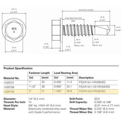 SFS FS3-14 Flex5® Self-Drilling Screw - 1/4" x 2" Hex Washer Head, Grade 5 Carbon (1,000 Pack)