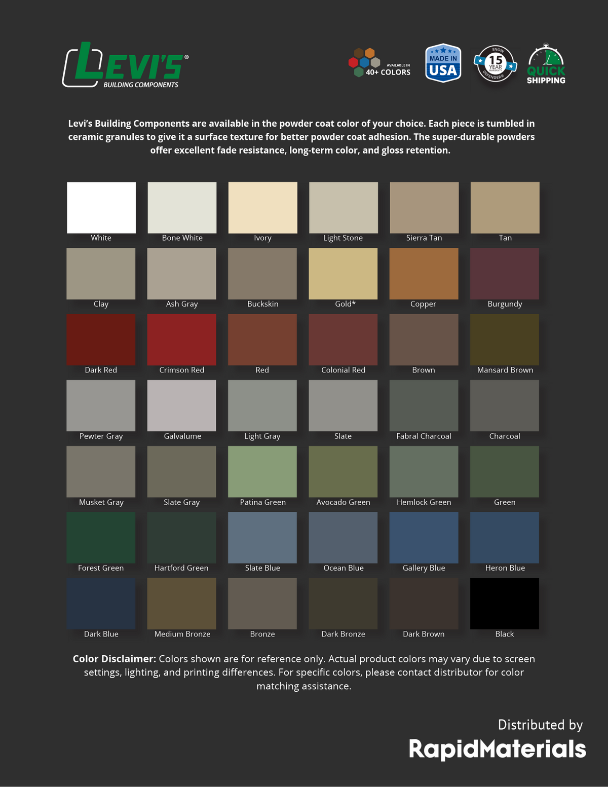 ProCap Hi-Lo Cap Screw – #10 x 2" (250 Pack) Color Chart