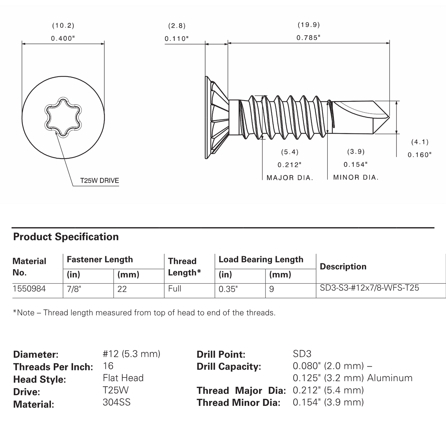 SFS SD3-S3-12-WFS ACM Panel Self-Drilling Screw, Wafer Head, 304 Stainless - #12 x 7/8" (1000 Pack)