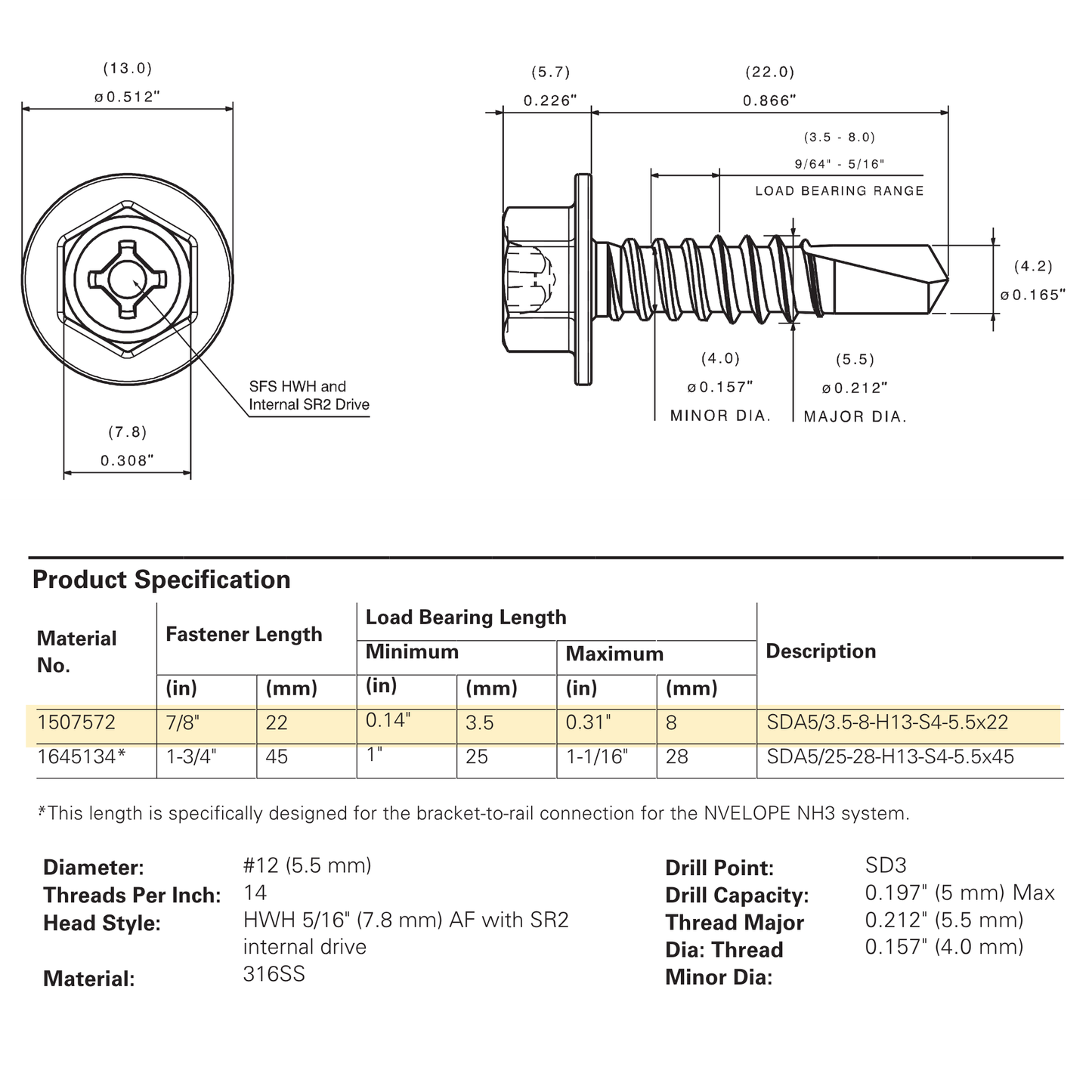 SFS SDA5 #12 Self-Drilling Screw, Hex Washer Head, Full 316 Stainless (500 pack)