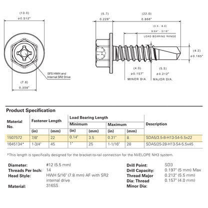 SFS SDA5 #12 Self-Drilling Screw, Hex Washer Head, Full 316 Stainless (500 pack)