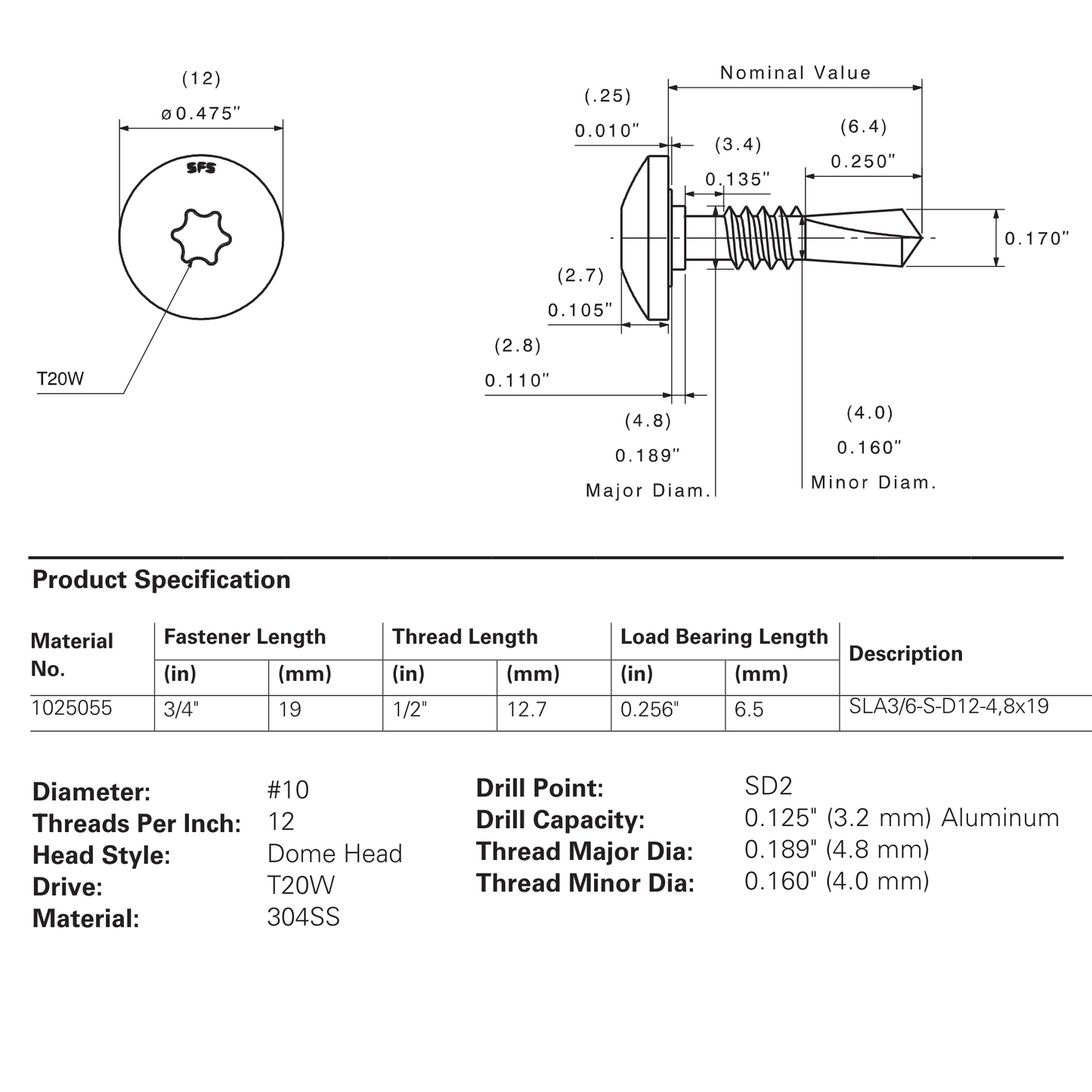 SFS SLA3 #10 Self-Drilling Screw, Dome Head T20W, 304 Stainless - #10 x 3/4" (250 Pack)