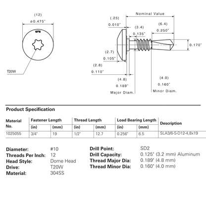 SFS SLA3 #10 Self-Drilling Screw, Dome Head T20W, 304 Stainless - #10 x 3/4" (250 Pack)
