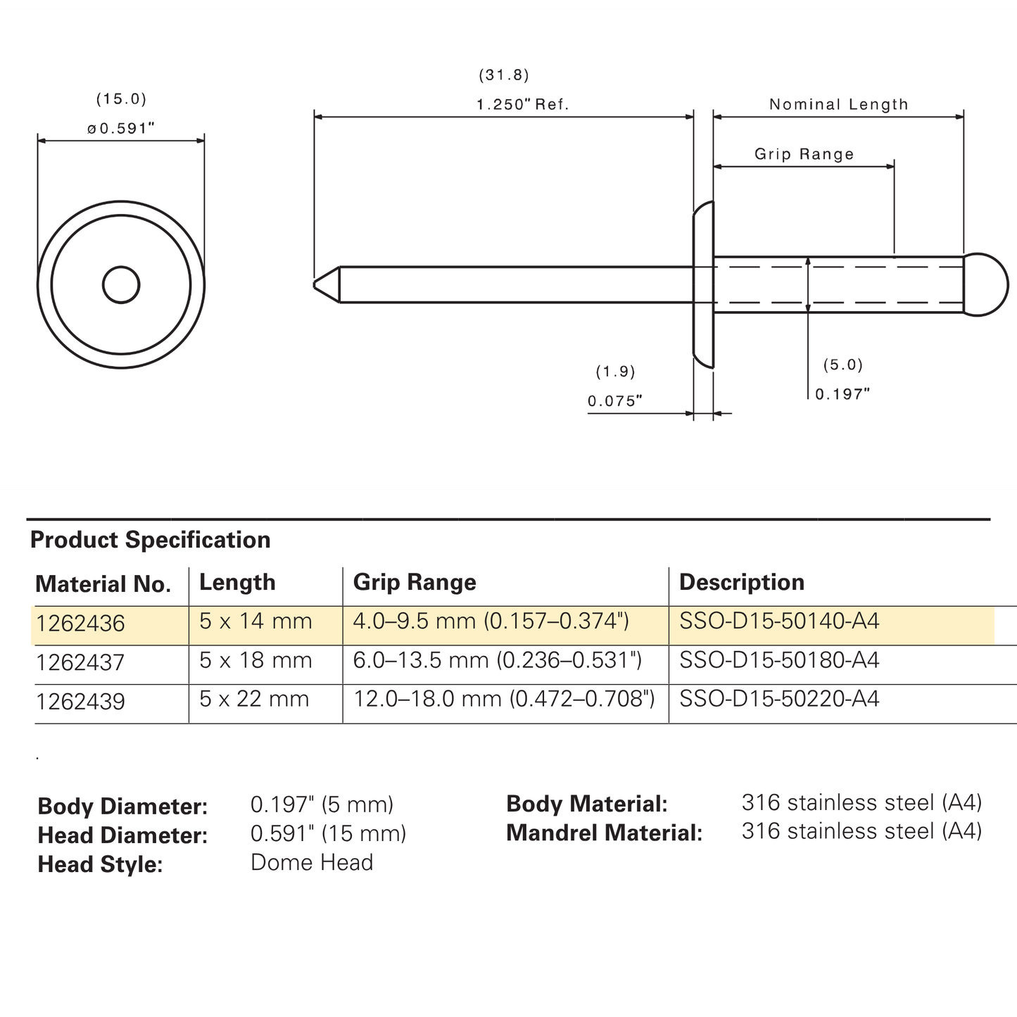 SFS SSO-D15 Stainless Steel Dome Head Rivet, 316 Stainless - 14mm (250 Pack)