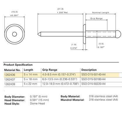 SFS SSO-D15 Stainless Steel Dome Head Rivet, 316 Stainless - 14mm (250 Pack)