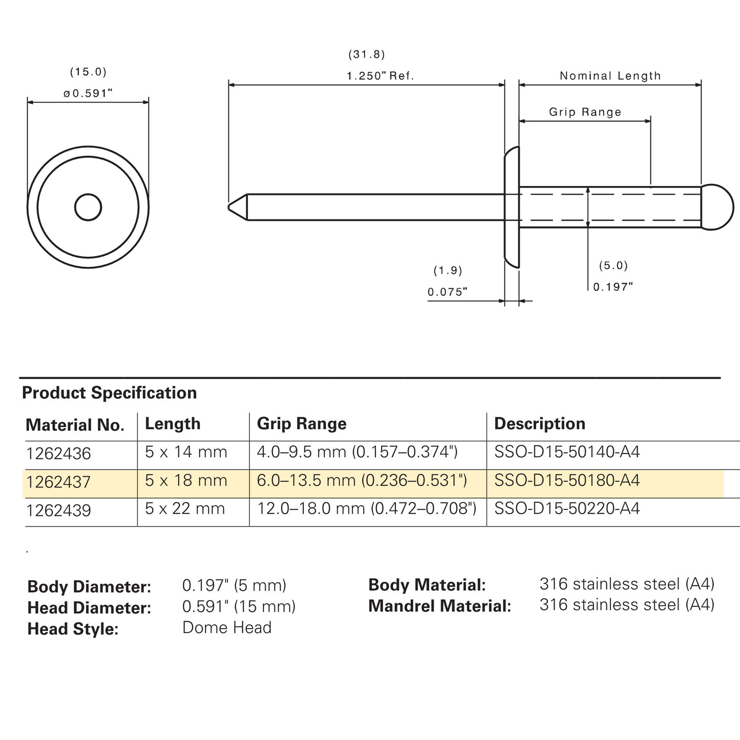 SFS SSO-D15 Stainless Steel Dome Head Rivet, 316 Stainless - 18mm (250 Pack)