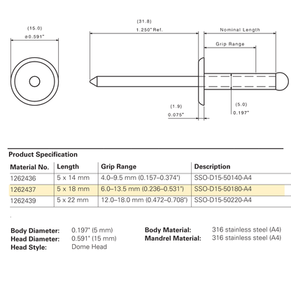 SFS SSO-D15 Stainless Steel Dome Head Rivet, 316 Stainless - 18mm (250 Pack)