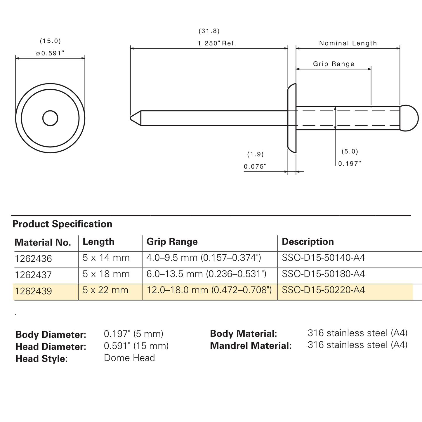 SFS SSO-D15 Stainless Steel Dome Head Rivet, 316 Stainless - 22mm (250 Pack)