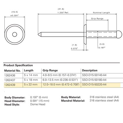SFS SSO-D15 Stainless Steel Dome Head Rivet, 316 Stainless - 22mm (250 Pack)