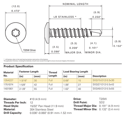 SFS SX3-D12 Bi-Metal Self-Drilling Screw, Dome Head, 304 Stainless - #12 x 1-3/16" (250 Pack)