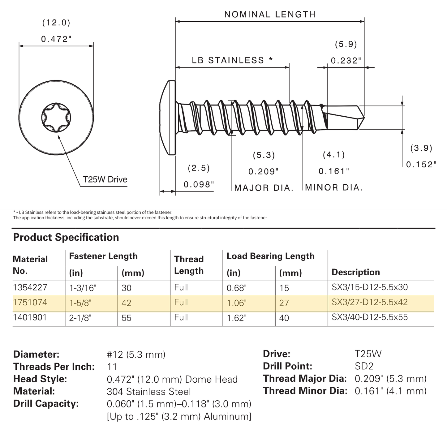 SFS SX3-D12 Bi-Metal Self-Drilling Screw, Dome Head, 304 Stainless - #12 x 1-5/8" (250 Pack)
