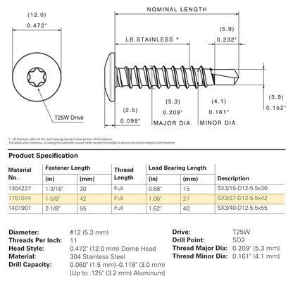 SFS SX3-D12 Bi-Metal Self-Drilling Screw, Dome Head, 304 Stainless - #12 x 1-5/8" (250 Pack)