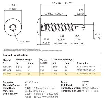 SFS SX3-D12 Bi-Metal Self-Drilling Screw, Dome Head, 304 Stainless - #12 x 2-1/8" (250 Pack)